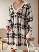 Distressed Plaid V-Neck Long Sleeve Sweater Dress OutfitFlow